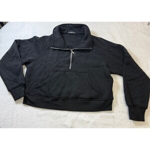 Automet Black Quarter Zip Sweatshirt Cropped Kangaroo Pocket Long Sleeve Women M